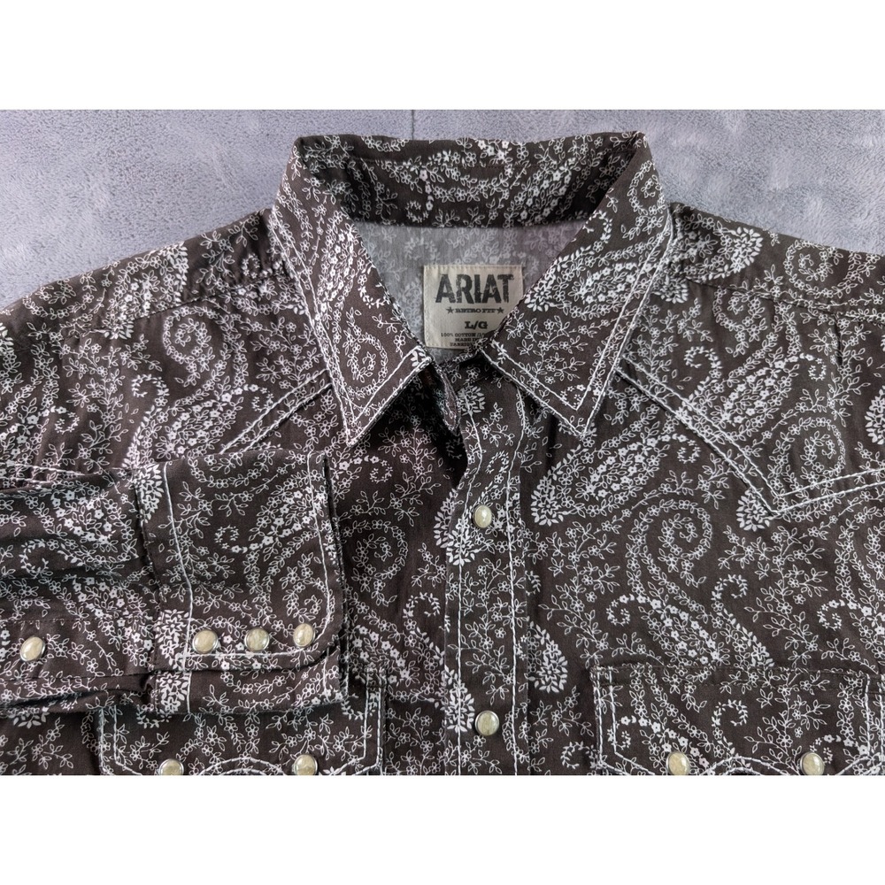 Ariat Retro Fit Mens Large Brown Paisley Floral Western Pearl Snap Shirt L